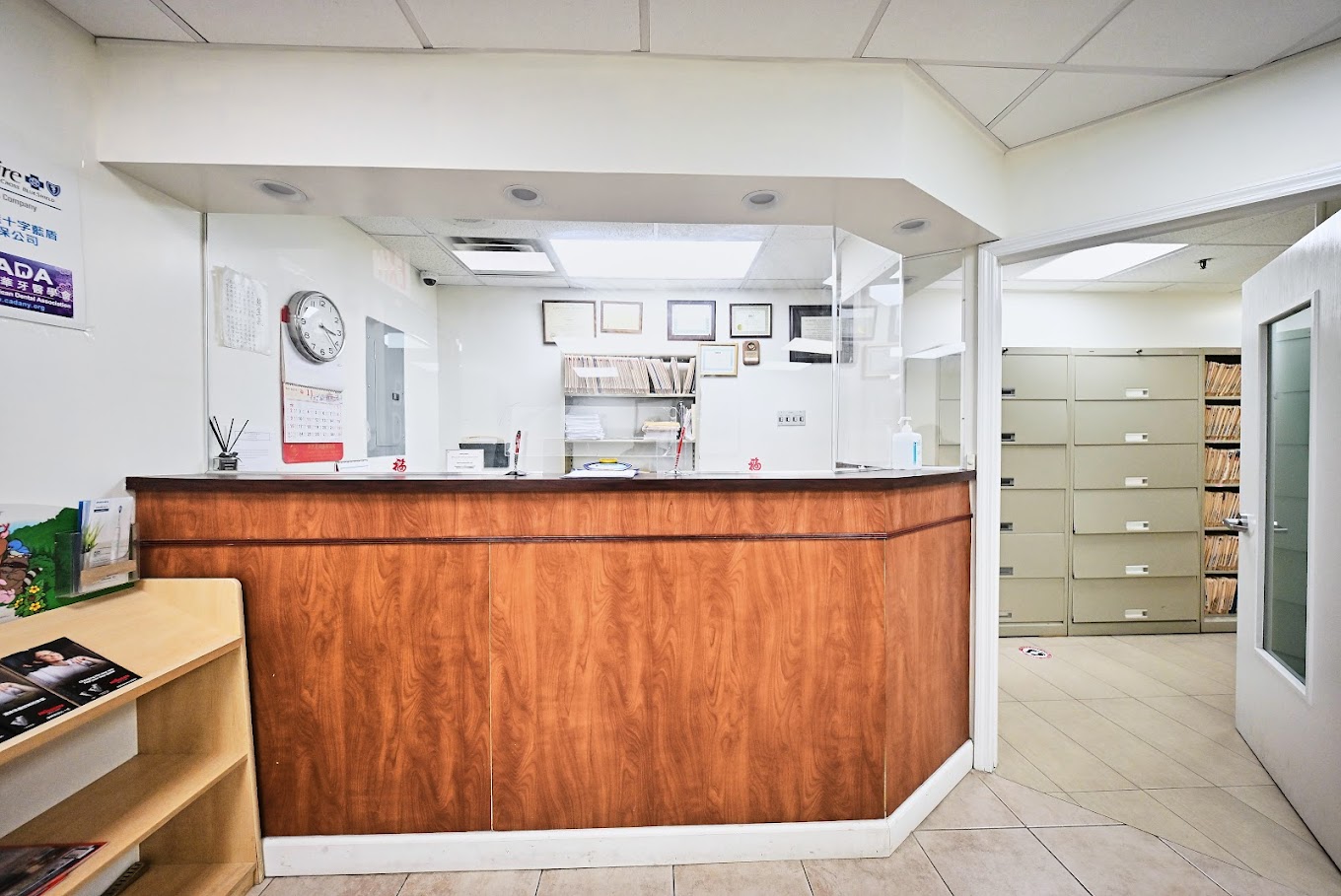Reception desk with professional credentials displayed